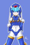  1girl android artist_name blue_background blue_eyes blush boots breasts closed_mouth covered_navel crop_top feet_out_of_frame gloves helmet highres kneeling kugi530 leviathan_(mega_man) looking_at_viewer mega_man_(series) mega_man_zero_(series) paw_pose robot robot_girl simple_background smile solo thigh_boots thighhighs white_gloves 