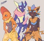  anal anal_fingering anal_masturbation anonanime_(artist) anthro balls blush bottomwear bottomwear_pull clothed clothing clothing_pull erection fingering fingering_self foreskin generation_5_pokemon generation_6_pokemon generation_7_pokemon genitals greninja grey_background group holding_knot holding_own_penis humanoid_genitalia humanoid_penis hybrid_genitalia hybrid_penis knot knotted_humanoid_penis legendary_pokemon male masturbation navel nintendo nude pants pants_pull penile penile_masturbation penis penis_base pokemon pokemon_(species) scrafty simple_background tongue tongue_out topless trio zeraora 