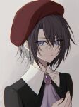  1boy ascot backlighting beret black_shirt blue_eyes brooch brown_hair commentary frown grey_background hand_on_own_chest hat highres jewelry kanon_(umineko) looking_at_viewer male_focus profile purple_ascot red_headwear seina1211 shirt short_hair simple_background solo twitter_username umineko_no_naku_koro_ni upper_body 
