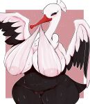  2023 anthro areola beak belly big_breasts black_body black_feathers bodily_fluids bombirdier breasts censored censored_genitalia censored_pussy clothing cottontail curvy_figure eyes_closed feathers female generation_9_pokemon genitals hi_res huge_breasts legs_together multicolored_body multicolored_feathers navel nintendo pokemon pokemon_(species) pussy slightly_chubby smile solo standing sweat thick_thighs translucent translucent_clothing two_tone_body two_tone_feathers voluptuous white_body white_feathers wide_hips wings 