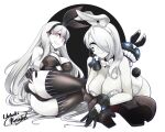  2girls abyssal_ship aircraft_carrier_water_oni armored_boots ass boots bow bowtie breasts commission gloves kantai_collection light_smile long_hair multiple_girls naughty_face one_eye_covered pale_skin playboy_bunny seaport_summer_princess skeb_commission udukikosuke white_hair 