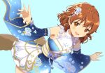  1girl ahoge araki_hina bare_shoulders blue_background blue_sleeves blush breasts brown_eyes brown_hair cowboy_shot detached_sleeves dot_nose dress floral_print flower hair_flower hair_ornament idolmaster idolmaster_cinderella_girls idolmaster_cinderella_girls_starlight_stage jewelry looking_at_viewer medium_breasts mitsuki_meia necklace no_eyewear obi obijime open_hands open_mouth outstretched_arms pearl_necklace print_sleeves rose sash short_hair simple_background sleeveless sleeveless_dress smile solo standing star_(symbol) star_hair_ornament white_flower white_rose wide_sleeves yellow_sash 