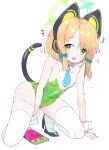 1girl absurdres all_fours animal_ear_headphones animal_ears bare_shoulders black_footwear blonde_hair blue_archive blush breasts cat_ear_headphones cat_tail covered_navel detached_collar fake_animal_ears fake_tail green_eyes green_halo green_leotard halo headphones heart heart-shaped_pupils high_heels highleg highleg_leotard highres legs_apart leotard midori_(blue_archive) nintendo_switch open_mouth pussy_juice ribbon shoes short_hair small_breasts smile solo strapless strapless_leotard symbol-shaped_pupils tail teranekosu thighhighs thighs white_thighhighs wrist_cuffs 