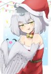  1girl ahoge bare_shoulders bell blue_background blush christmas christmas_lights dress feathered_wings grey_feathers grey_hair grey_wings harpy hat heart heart_hands jingle_bell medium_hair mono_(sifserf) monster_girl neck_bell open_mouth original owl_girl pom_pom_(clothes) santa_dress santa_hat sifserf solo sparkle strapless strapless_dress two-tone_background winged_arms wings yellow_eyes 