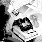  2boys aged_down arms_on_table artist_name bakugou_katsuki boku_no_hero_academia chair cherry_blossoms classroom closed_eyes closed_mouth covered_mouth crossed_arms crying curly_hair curtains desk falling_petals freckles from_side gakuran greyscale hand_in_pocket hand_up head_on_arm head_rest holding holding_phone indoors jacket kamichi_ka leaning_forward long_sleeves male_focus midoriya_izuku monochrome multiple_boys no_eyes notebook on_chair pants pen petals phone profile recording school_chair school_desk school_uniform short_hair sitting sleeping spiked_hair tears transparent transparent_curtains upper_body wind window 