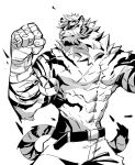  1boy abs animal_ears arknights bara clenched_hand cowboy_shot facial_hair fighting_stance furry furry_male goatee greyscale hagrang highres large_hands large_pectorals male_focus monochrome mountain_(arknights) muscular muscular_male nipples pectorals scar scar_across_eye scar_on_arm short_hair smile solo stomach thick_eyebrows tiger_boy tiger_ears topless_male 