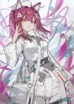  1girl animal_ear_fluff animal_ears arknights bag breasts cat_ears cat_girl cowboy_shot dutch_angle highres k_futoshi_0n0 long_hair looking_at_viewer pants percival_(arknights) red_hair shirt shoulder_bag sketch small_breasts solo thighlet triangle_hair_ornament white_bag white_pants white_shirt 