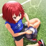  1girl ball black_shorts blue_shirt brown_eyes dolphin_shorts fingernails from_above gojarun idolmaster idolmaster_cinderella_girls idolmaster_cinderella_girls_starlight_stage murakami_tomoe red_hair shirt shoes short_hair shorts signature sitting sleeveless sneakers soccer_ball soccer_uniform solo sportswear sweat washing 