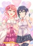  2girls :d awakening_promise_(love_live!) black_hair black_skirt bow collared_shirt commentary dress earrings flower gloves glowstick gradient_hair green_eyes green_hair grin hair_bun hair_flower hair_ornament heart heart_background holding_glowstick jewelry locked_arms love_live! love_live!_nijigasaki_high_school_idol_club medium_hair miniskirt multicolored_hair multiple_girls multiple_sources neck_ribbon necklace nijigasaki_academy_school_uniform open_mouth outstretched_arm pearl_earrings pearl_necklace pink_dress pink_hair pink_ribbon plaid plaid_skirt ribbon school_uniform shirt short_dress short_sleeves short_twintails single_side_bun skirt smile standing summer_uniform takasaki_yuu takitarou teeth twintails uehara_ayumu waist_bow white_gloves white_shirt yellow_eyes 