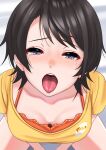  1girl black_hair blue_eyes blush breasts collarbone highres hololive large_breasts looking_at_viewer official_alternate_costume oozora_subaru oozora_subaru_(7th_costume) open_mouth short_hair short_sleeves solo swept_bangs tears thighs tongue tongue_out virtual_youtuber zabudog777 