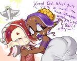  1boy 2girls :3 :d ass asymmetrical_hair bare_shoulders big_man_(splatoon) chest_sarashi closed_mouth colored_eyelashes colored_skin colored_tongue crying dark-skinned_female dark_skin drawfag earrings english_commentary english_text fangs flat_chest food food_on_head forehead frye_(splatoon) hachimaki hair_over_one_eye hands_on_another&#039;s_shoulders harem_pants headband hokkamuri jewelry looking_at_another manta_ray multicolored_skin multiple_earrings multiple_girls nejiri_hachimaki object_on_head open_mouth pants pointy_ears poncho pun purple_hair purple_shawl purple_skin purple_tongue red_eyes red_hair red_poncho saliva sarashi see-through shawl shiver_(splatoon) short_eyebrows smile snot speech_bubble spicy splatoon_(series) splatoon_3 streaming_tears suction_cups sweat tears teeth tempura tentacle_hair tooth_earrings trembling two-tone_skin white_pants worried yellow_eyes 