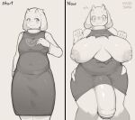 2023 anthro artist_name before_and_after big_breasts big_penis boss_monster bovid breast_expansion breasts caprine clothed clothing digital_media_(artwork) english_text expansion fingers genitals gynomorph hi_res horn huge_breasts huge_penis humanoid_genitalia humanoid_penis intersex kyurisawa mammal mature_anthro mature_gynomorph mature_intersex monochrome penis solo text toriel torn_clothing undertale undertale_(series) 