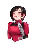  1girl ada_wong artist_name blush blushyspicy border breasts brown_hair cropped_torso half-closed_eyes knife large_breasts red_sweater resident_evil resident_evil_4 short_hair smile solo sweater transparent_background upper_body watermark white_border 