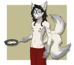  2_tails 4_nipples anthro canid canine canis cooking cookware eyewear fox frying_pan fur fur_markings girly glasses hair hi_res hybrid jannifer kit_(jannifer) kitchen_utensils looking_at_viewer male mammal markings multi_nipple multi_tail nipples nonbinary_(lore) pajama_pants red_eyes round_glasses shirtless smile solo tail tools wavy_hair white_body wolf 