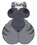  anthro arcanine big_breasts breasts cornstick female fur generation_1_pokemon genitals green_eyes grey_body grey_fur hi_res huge_breasts lips low-angle_view nintendo pokemon pokemon_(species) pussy ribbon_(bowhuskers) slightly_chubby solo thick_thighs 