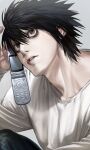  1boy bags_under_eyes black_eyes black_hair calling cellphone death_note gimgyeon_(dog_0987) hair_between_eyes head_tilt highres holding holding_phone knee_up l_(death_note) long_sleeves male_focus pants phone shirt short_hair sitting solo upper_body white_shirt wide-eyed 