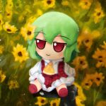  1girl absurdres ascot closed_mouth collared_shirt commentary commission english_commentary flower fumo_(doll) green_hair highres kazami_yuuka lad_der long_sleeves outdoors plaid plaid_skirt plaid_vest red_footwear red_skirt red_vest shirt short_hair skirt smile solo sunflower touhou vest white_shirt yellow_ascot yellow_flower 