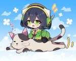  1girl :d absurdres animal black_hair black_thighhighs blue_sky blush breasts cat chibi cloud collared_shirt commentary detached_sleeves green_eyes green_footwear green_jacket green_skirt green_sleeves hair_between_eyes headphones headset highres jacket kyoumachi_seika large_breasts long_sleeves looking_away milkpanda mini_person minigirl motion_lines necktie notice_lines purple_necktie shirt shoes short_eyebrows skirt sky sleeveless sleeveless_jacket sleeves_past_wrists smile solo thick_eyebrows thighhighs translated voiceroid white_shirt wide_sleeves 