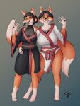  anthro asian_clothing bicolored_fur big_breasts black_hair blue_eyes breasts canid canine canis clothed clothing digital_media_(artwork) duo east_asian_clothing eyebrows eyeshadow female fox foxy_concept fur hair hi_res inner_ear_fluff japanese_clothing kimono looking_at_viewer makeup mammal open_mouth orange_body orange_fur simple_background smile tail teeth thick_eyebrows thick_thighs tuft white_body white_fur yellow_eyes 