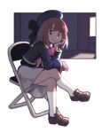  1girl absurdres arima_kana beret blue_headwear blue_jacket bob_cut brown_footwear chair closed_mouth full_body grey_skirt hat hat_ribbon highres inverted_bob jacket looking_at_viewer oshi_no_ko piku184 red_eyes red_hair ribbon school_uniform short_hair simple_background sitting skirt smile socks solo white_socks youtou_high_school_uniform 