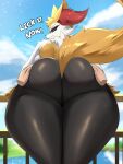  2023 anthro big_butt braixen butt canid canine female fur generation_6_pokemon hand_on_butt hi_res looking_at_viewer mammal nintendo pokemon pokemon_(species) sana!rpg seductive smile solo tail text thick_thighs 
