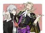  2boys anger_vein ascot bags_under_eyes bishounen black_cape black_coat border brown_hair cape charles-henri_sanson_(fate) closed_eyes coat curly_hair fate/grand_order fate_(series) fingernails grey_hair happy highres long_hair masuiiizo multiple_boys open_mouth red_ascot sharp_fingernails short_hair trembling white_border wolfgang_amadeus_mozart_(fate) 