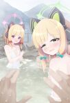  2girls blonde_hair blue_archive green_eyes green_halo halo highres midori_(blue_archive) minto_yupo momoi_(blue_archive) multiple_girls naked_towel onsen pink_halo red_eyes short_hair siblings sisters towel twins water 