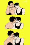  2boys bara black_hair blush closed_eyes imminent_kiss kashikahaya large_pectorals looking_at_another male_focus multiple_boys muscular muscular_male nipples open_mouth original pectorals short_hair simple_background smile tank_top white_tank_top yaoi yellow_background 