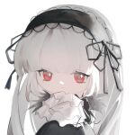  1girl absurdres black_dress black_ribbon chibi closed_mouth commentary_request dress gothic_lolita hair_ribbon hairband highres lolita_fashion lolita_hairband long_hair looking_at_viewer red_eyes ribbon rozen_maiden simple_background solo suigintou tetee very_long_hair white_background white_hair 