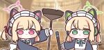  2girls :&lt; :3 animal_ear_headphones animal_ears apron architecture black_dress blonde_hair blue_archive blue_bow blue_bowtie blurry blurry_background blush_stickers bow bowtie broom chibi cho_yang commentary dress fake_animal_ears green_eyes green_halo hair_bow halo headphones highres holding holding_broom holding_staff long_sleeves maid maid_apron maid_headdress midori_(blue_archive) midori_(maid)_(blue_archive) momoi_(blue_archive) momoi_(maid)_(blue_archive) multiple_girls pink_halo puffy_long_sleeves puffy_sleeves red_bow short_hair short_twintails siblings sisters staff twins twintails upper_body white_bow 