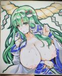  1girl absurdres blush breasts collarbone commentary_request detached_sleeves frog_hair_ornament green_eyes green_hair hair_intakes hair_ornament highres huge_breasts kochiya_sanae nipples ouma_tokiichi parted_lips photo_(medium) rope shimenawa simple_background snake_hair_ornament solo sweat touhou white_background wide_sleeves 