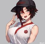  1girl baseball_cap black_hair black_headwear bluefield breasts copyright_name cropped_torso floral_print gradient_hair grey_background grey_eyes hair_between_eyes hand_up hat highres large_breasts looking_at_viewer multicolored_hair open_mouth red_hair rose_print ruby_rose rwby shirt short_hair simple_background sleeveless sleeveless_shirt solo teeth tongue tongue_out twitter_username upper_teeth_only v white_shirt 