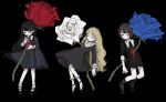  3girls absurdres black_background black_dress black_footwear black_hair black_socks blonde_hair blood blood_from_mouth blood_on_clothes blue_flower blue_rose blunt_bangs brown_hair closed_eyes collared_dress commentary dress flower frills full_body grey_eyes highres impaled injury long_hair long_sleeves medium_hair minigirl multiple_girls open_mouth original red_flower red_rose rose satou_uzura shoes short_dress simple_background sleeve_cuffs socks very_long_hair white_flower white_rose white_socks 