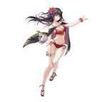  1girl bikini black_hair blush breasts cape cleavage fire_emblem fire_emblem_awakening full_body long_hair looking_at_viewer medium_breasts navel non-web_source official_art simple_background smile solo swimsuit tharja_(fire_emblem) tiara two_side_up white_background 