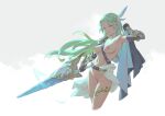  1girl bigrbear black_gloves breasts cleft_of_venus commentary_request gauntlets gloves green_hair grey_background holding holding_sword holding_weapon large_breasts long_hair looking_at_viewer navel nipple_piercing nipples original piercing pink_eyes solo sword thighs weapon 