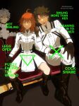  1girl 2boys absurdres ahoge black_footwear black_skirt boots breasts brown_gloves brown_hair buttons chair chaldea_uniform closed_mouth coat commentary double-breasted english_commentary expressionless fate/grand_order fate_(series) fujimaru_ritsuka_(female) fujimaru_ritsuka_(male) full_body gloves green_line_test_(meme) grey_hair hair_between_eyes highres kadoc_zemlupus long_bangs long_hair long_sleeves looking_at_viewer medium_breasts meme multiple_boys open_mouth orange_hair pants shokansenn short_hair sitting skirt smile twitter_username white_coat white_pants 