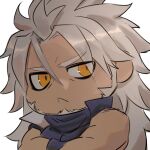  1boy alchemy_stars bags_under_eyes bara beard character_request chibi dark-skinned_male dark_skin facial_hair frown ina_zuma long_hair looking_at_viewer male_focus mature_male pectoral_lift solo thick_eyebrows upper_body yellow_eyes 