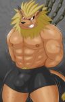  abs absurd_res anthro bandai_namco bantau bdsm blonde_hair blush bound bulge clenched_teeth clothing detailed_bulge digimon digimon_(species) hair hi_res leomon male mane muscular muscular_anthro muscular_male pecs scuff_marks solo teeth underwear 