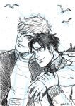  2boys bad_id bad_tumblr_id bara bird black_hair blonde_hair bow bowtie couple cris_art greyscale head_on_head head_rest heads_together holding_another&#039;s_arm hulkling jacket long_sideburns male_focus marvel monochrome multiple_boys open_clothes open_jacket pectorals short_hair sideburns sketch sky smile thick_eyebrows toned toned_male traditional_bowtie upper_body wiccan yaoi 