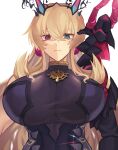  1girl abs absurdres armor bare_shoulders black_dress blonde_hair breasts dress earrings fairy_knight_gawain_(fate) fairy_knight_gawain_(second_ascension)_(fate) fate/grand_order fate_(series) gauntlets green_eyes heterochromia highres horns jewelry large_breasts long_hair looking_at_viewer mmn_(user_tmjt3227) necklace pauldrons red_eyes shoulder_armor single_gauntlet single_pauldron solo 
