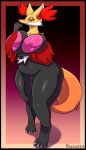  anthro areola belly big_areola big_breasts big_butt blush breast_squish breasts butt canid canine clitoral_hood clitoris delphox digital_media_(artwork) female fur generation_6_pokemon genitals hi_res holding_breast huge_breasts huge_butt looking_at_viewer mammal mature_anthro mature_female nintendo nipples nude pink_areola pink_nipples pokemon pokemon_(species) prozak514 pussy simple_background smile solo squish standing tail thick_thighs tuft wide_hips yellow_body yellow_fur 