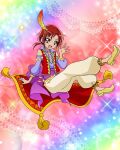  1girl :d artist_request commentary detached_sleeves english_commentary eyelashes feathers gradient_background hair_ornament hairclip happy highres hino_akane_(smile_precure!) looking_at_viewer magic_carpet official_art open_mouth ponytail precure precure_connection_puzzlun red_eyes red_hair short_hair smile smile_precure! solo third-party_source 