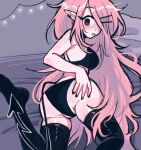  1girl blush demon_girl demon_tail freckles from_behind hair_over_one_eye hand_on_own_ass highres long_hair looking_at_viewer megrocks on_bed pink_hair pointy_ears tail 