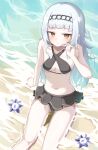  1girl bikini bikini_skirt black_bikini blunt_bangs blush breasts grey_hair halterneck head_chain highres hololive long_hair looking_at_viewer murasaki_shion murasaki_shion_(3rd_costume) sand shino2121 sidelocks small_breasts smile solo swimsuit virtual_youtuber water yellow_eyes 