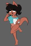  2020 3_claws 3_toes 4_claws 4_fingers absurd_res anthro biped black_eyelashes black_eyelids black_eyes black_hair black_mouth black_nose blue_clothing blue_shirt blue_topwear bottomless bottomless_anthro bottomless_female breasts brown_body brown_countershading brown_ears brown_fur brown_inner_ear brown_tail brown_tuft butt_tuft cat_tail claws clothed clothing colored countershade_feet countershade_torso countershading digital_drawing_(artwork) digital_media_(artwork) domestic_cat feet felid feline felis female finger_claws fingers full-length_portrait fur hair half-closed_eyes hi_res holding_object holding_pillow kabula_(artist) looking_at_viewer mammal mostly_nude mostly_nude_anthro mostly_nude_female narrowed_eyes off_shoulder on_one_leg open_:3 pillow ponytail portrait prick_ears raised_foot shirt shirt_only solo standing tail tiptoes tired toe_claws toes tongue topwear topwear_only tuft white_pillow 