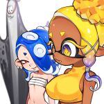  2girls bandages bandeau bare_arms bare_shoulders big_man_(splatoon) blonde_hair blue_hair breasts chest_sarashi commentary_request crop_top dark_skin frye_(splatoon) highres large_breasts long_hair looking_at_another midriff multiple_girls navel paripi_nasubi pointy_ears red_eyes sarashi shirt shiver_(splatoon) simple_background sleeveless sleeveless_shirt splatoon_(series) splatoon_3 stomach strapless tube_top upper_body white_background yellow_eyes yellow_shirt 