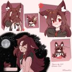  1girl absurdres animal_ear_fluff animal_ears blush brown_hair full_moon highres imaizumi_kagerou long_hair moon night red_eyes rownou smile sukusuku_hakutaku touhou twitter_username wide_sleeves wolf_ears wolf_girl 