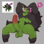  1:1 abs anthro balls biceps big_balls big_muscles big_penis black_body black_fur canid canine erection fur generation_9_pokemon genitals green_body green_fur hi_res humanoid_genitalia humanoid_penis legendary_pokemon male mammal multicolored_body multicolored_fur muscular muscular_anthro muscular_male muto2000_(artist) nintendo nipples nude okidogi pecs penis pokemon pokemon_(species) simple_background smile solo teeth yellow_sclera 