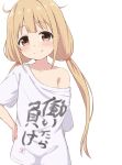  1girl blonde_hair brown_eyes closed_mouth clothes_writing collarbone commentary futaba_anzu hand_on_own_hip highres idolmaster idolmaster_cinderella_girls long_hair low_twintails meme off_shoulder shirt short_sleeves simple_background smile solo symbol-only_commentary takasuma_hiro twintails twitter_rabbit_ears_(meme) very_long_hair white_background white_shirt 