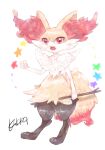  1girl animal_ear_fluff animal_ears animal_feet animal_nose arm_at_side artist_name black_fur body_fur braixen commentary_request fangs fox_ears fox_girl fox_tail furry furry_female hand_up holding holding_stick looking_at_viewer multicolored_fur narrow_waist neck_fur ntmkn open_mouth partial_commentary pokemon pokemon_(creature) red_eyes signature snout solo star_(symbol) stick tail white_background white_fur yellow_fur 